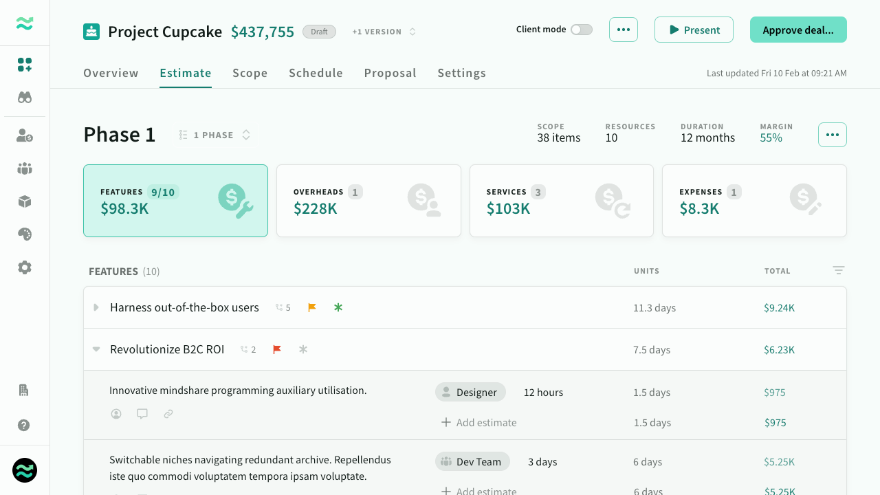 Scope-driven service estimate with cost, price and margin